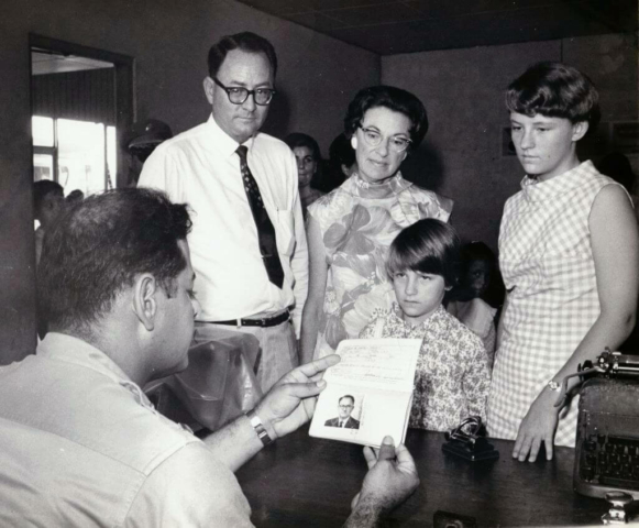 Kennedy, Mary, Terry, and Linda Crockett entering Nicaragua from its southern border in August 1967.